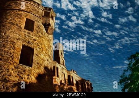 Steinmauern und Fenster in einem Turm bei Sonnenuntergang auf der Huntly Castle. Eine kleine und freundliche Stadt in der Landschaft von Schottland. Stockfoto