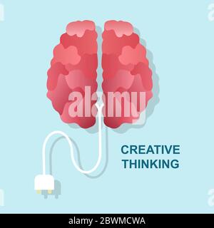Kreatives Denken. Gehirn mit Stecker auf blauem Hintergrund, Vektor-Illustration in flachem Stil Stock Vektor