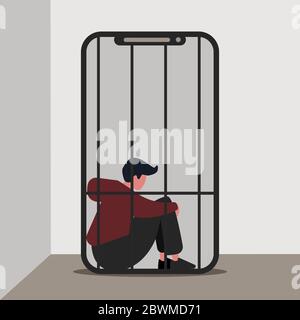 Sucht nach Gadgets. Einsamer Kerl gefangen in Käfig innerhalb des Mobiltelefons, Vektor-Illustration in flachem Stil Stock Vektor