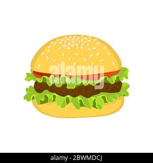 Hamburger-Ikone mit Fleisch, Salat und Tomaten. Vektorgrafik. Leckere große Hamburger mit Käse und Sesam isoliert auf weißem Hintergrund. Stock Vektor