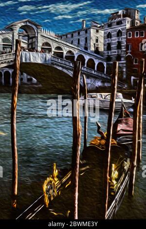 Die Gondelbahn mit Liegeergel in der Nähe der Rialtobrücke über den Canal Grande, im historischen Zentrum von Venedig, in Italien. Stockfoto