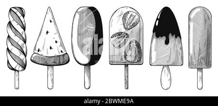Set von verschiedenen Eis auf einem Stock. Vektorgrafik im Skizzenstil. Stock Vektor