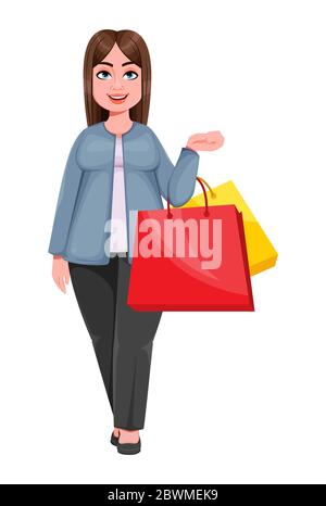 Glückliche große Geschäftsfrau, Frau von plus size geht einkaufen. Fröhlich mollig Geschäftsfrau Cartoon-Charakter. Vektorgrafik Stock Vektor