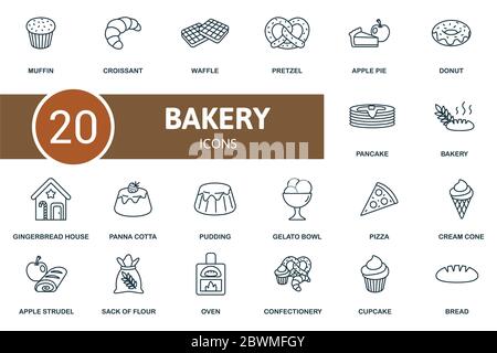 Symbol für Bäckerei. Sammlung enthalten Strudel, Pfannkuchen, Donut, Apfel, Kuchen, Brezel, Waffel, Croissant und über Symbole. Set mit Backelementen. Stock Vektor