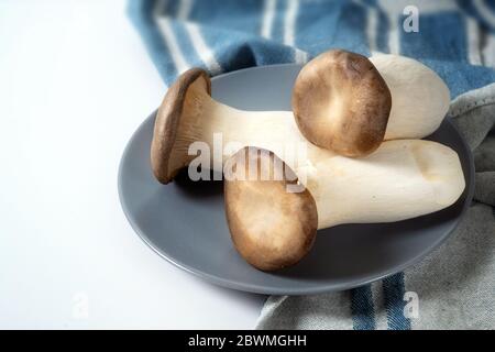 König Austernpilz, Pleurotus eryngii, auch Trompete royale auf einem blauen Teller und Küchentuch auf einem weißen Tisch, Kopie Raum, ausgewählte weiche Focu Stockfoto