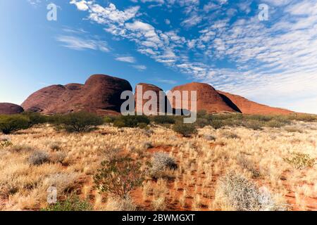 Weitwinkelansicht von Kata Tjuṯa, einer Gruppe von großen, gewölbten Felsformationen im Uluṟu-Kata Tjuṯa National Park, Northern Territory, Australien Stockfoto