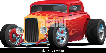 Classic Red Custom Street Rod Car mit Hotrod Flames und Chrom Felgen isoliert Vektor Illustration Stock Vektor