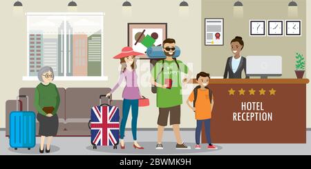 Junge afroamerikanische Frau Rezeptionistin und Touristen steht an der Rezeption reception Interieur mit furniture.Cartoon flache Vektor illustrati Stock Vektor