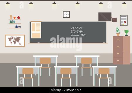 Leere Schulraum Innenraum, Klassenzimmer mit Möbeln, flache Vektor-Illustration. Stock Vektor