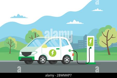 Elektroauto lädt seine Batterie mit Naturlandschaft, Konzeptdarstellung für grüne Umwelt, Ökologie, Nachhaltigkeit, saubere Luft, Zukunft Stock Vektor