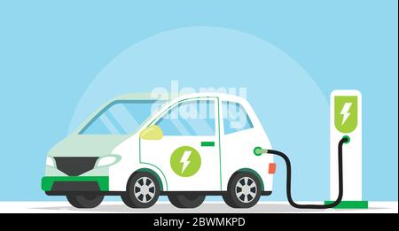 Elektroauto lädt seine Batterie, Konzeptdarstellung für grüne Umwelt, Ökologie, Nachhaltigkeit, saubere Luft, Zukunft. Vektorgrafik in flach Stock Vektor