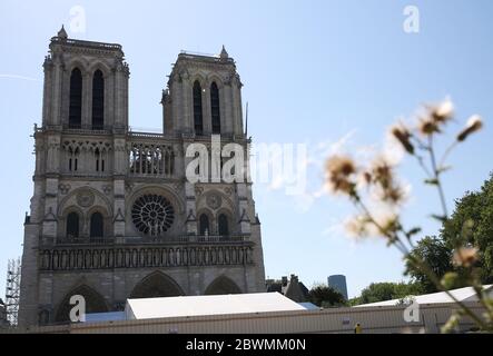 Paris, 2. Juni. April 2019. Die Kathedrale Notre-Dame ist in Paris, Frankreich, 2. Juni 2020 zu sehen. Das Parvis Notre-Dame wurde nach mehr als einjähriger Schließung aufgrund des Großbrandes am 15. April 2019 ab Mai 31 wieder für die Öffentlichkeit zugänglich gemacht. Kredit: Gao Jing/Xinhua/Alamy Live News Stockfoto