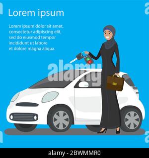 Weißes modernes Auto und muslimische Frau in traditioneller Kleidung mit Autoschlüssel in der Hand, flacher Vektor-Konzept Illustration Stock Vektor