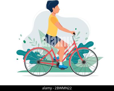 Glücklicher Mann mit einem Fahrrad im Park. Vektor-Illustration in flacher Form, Konzept-Illustration für gesunden Lebensstil, Sport, Training. Stock Vektor