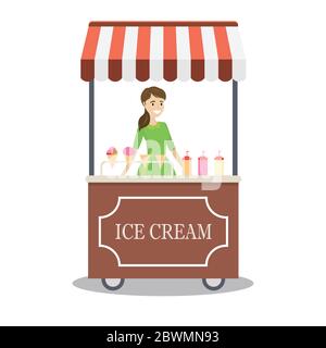 Cartoon-Trolley mit Eis und kaukasischen Verkäufer weiblich, flaches Design Vektor-Illustration Stock Vektor