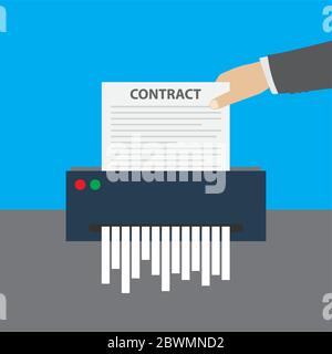 Cartoon Hand fügt das Vertragsdokument in den Papierzerkleinerer, Cartoon Vektor-Illustration Stock Vektor