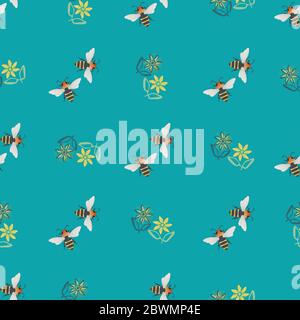Honig Biene und Blumen Vektor nahtlose Muster Hintergrund. Hand gezeichnet gestreiftes Insekt und Blumen blaue Hintergrund. Gartenwanzen Illustration wiederholen. Alle Stock Vektor