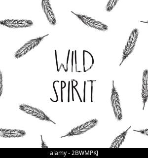 Feder mit Inschrift wilder Geist. Vintage-Hintergrund. Handgezeichnete Vektorgrafik Stock Vektor