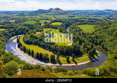 Scott's View, der Fluss Tweed und die Eildon Hills in der Nähe von Melrose, Scottish Borders, Großbritannien Stockfoto