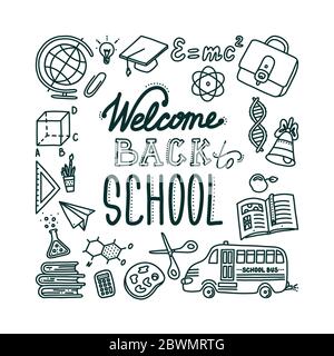 Willkommen zurück in der Schule Banner mit Schriftzug. Handgezeichnete Objekte, die in der Schule benötigt werden und mit Bildung verbunden sind. Vektorgrafik im Doodle-Stil Stock Vektor