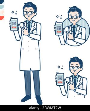 Old Doctor in EINEM weißen Mantel mit bargeldloser Zahlung auf Smartphone-Bilder. Es ist Vektorgrafik, so dass es einfach zu bearbeiten ist. Stock Vektor