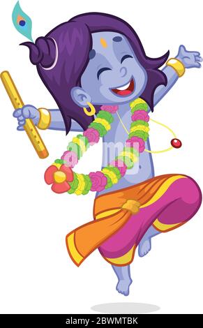 Kleine Karikatur Krishna mit geschlossenen Augen tanzen mit einer Flöte. Grußkarte zum Geburtstag Krishna. Vektorgrafik isoliert auf weißem Hintergrund. Stock Vektor