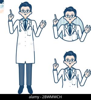 Alter Doktor in EINEM weißen Mantel mit sprechendem Bild. Es ist Vektorgrafik, so dass es einfach zu bearbeiten ist. Stock Vektor