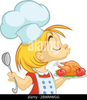 Cartoon kleines Mädchen hält Thanksgiving Türkei auf einem Tablett. Vektor-Illustration von Teenager-Mädchen Vorbereitung türkei und trägt upon und Chef's toque. O Stock Vektor