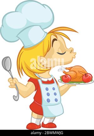 Cartoon kleines Mädchen hält Thanksgiving Türkei auf einem Tablett. Vektor-Illustration von Teenager-Mädchen Vorbereitung türkei und trägt upon und Chef's toque. O Stock Vektor