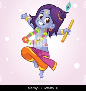 Kleine Karikatur Krishna mit geschlossenen Augen tanzen mit einer Flöte. Grußkarte zum Geburtstag Krishna. Vektorgrafik isoliert auf weißem Hintergrund. Stock Vektor