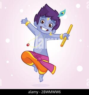 Kleine Karikatur Krishna mit Flöte. Grußkarte zum Geburtstag Krishna. Vektorgrafik isoliert auf weißem Hintergrund. Abbildung mit Umriss Stock Vektor