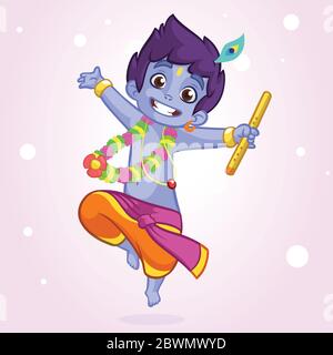 Kleine Karikatur Krishna mit geschlossenen Augen tanzen mit einer Flöte. Grußkarte zum Geburtstag Krishna. Vektorgrafik isoliert auf weißem Hintergrund. Stock Vektor