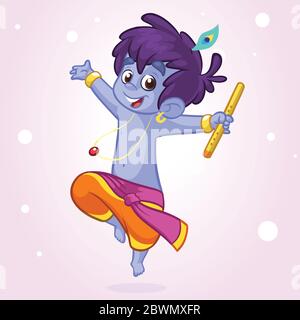 Kleine Karikatur Krishna mit Flöte. Grußkarte zum Geburtstag Krishna. Vektorgrafik isoliert auf weißem Hintergrund. Abbildung mit Umriss Stock Vektor