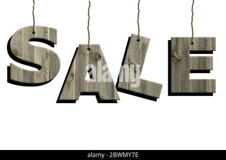 Wort VERKAUF Zeichen aus Grunge Holz auf weißem Hintergrund. Sommer Winter Sale, nicht verkaufte Aktien, Einzelhandelspreise, Einzelhändler, Rabatt-Konzept. Stockfoto