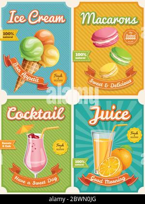 Vier detaillierte Food Poster mit sommerlichen Speisen Stock Vektor