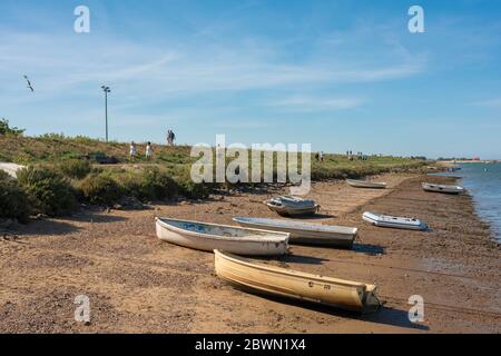 Wells-next-the-Sea, Blick auf Menschen im Sommer zu Fuß auf dem 1 km langen Küstenweg, der vom Hafen von Wells zum Strand der Stadt, Norfolk UK Stockfoto