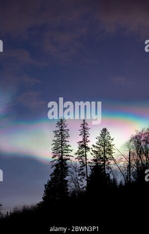 Schöne und erstaunliche polare Stratosphären Wolken über Norwegen, Sonnenaufstiegszeit, Winter. Stockfoto