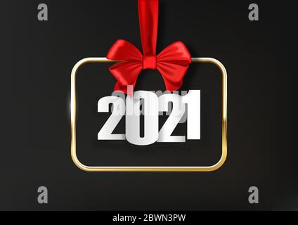 Frohes Neues Jahr 2021. Hängender realistischer Goldrahmen auf rotem Band mit Schleife. Weiße Zahlen für 2021. Stock Vektor