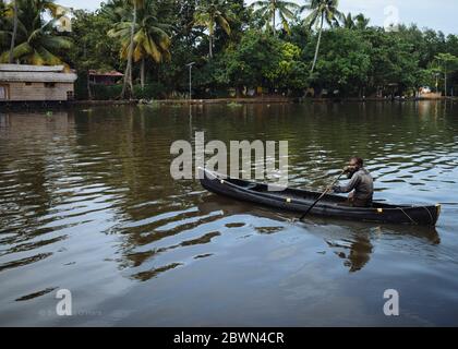 Bärtiger Mann paddelt schwarzes Kanu in Keralas Backwaters. Stockfoto