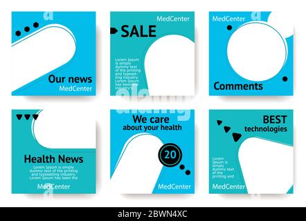 Blaues Werbebanner für Social Media Mobile Apps. Moderner geometrischer Stil. Für die medizinische Klinik Stock Vektor