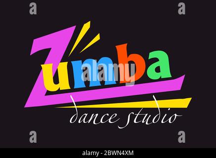 Moskau, Russland – 25. APRIL 2019. Logo für Tanzstudio Zumba. Karte auf schwarzem Hintergrund. Helle Buchstaben. Stock Vektor