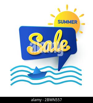 Aufkleber Sommer Verkauf Wellen des Meeres und ein Papierboot. Banner sonniger Sommertag. Werbesymbol Angebot. Vektor Banner in modernem Flat-Stil auf weiß. Stock Vektor