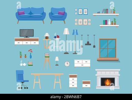 Set aus modernen Innenelementen, Wohnzimmermöbel. Vektor-Illustration Vorlage in flacher Form Stock Vektor