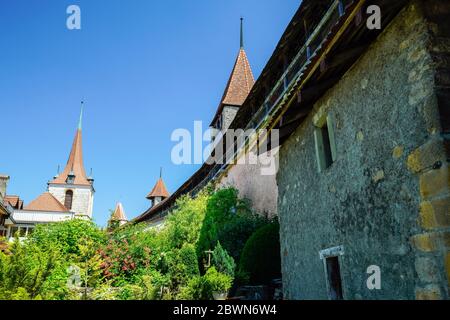 Wallmauer von Murten/Morat, Kanton Freiburg, Schweiz. Stockfoto