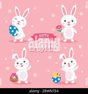 Frohe Ostern Hintergrund mit osterhasen und Schriftzug. Nette Cartoon Vektor-Illustration Stock Vektor