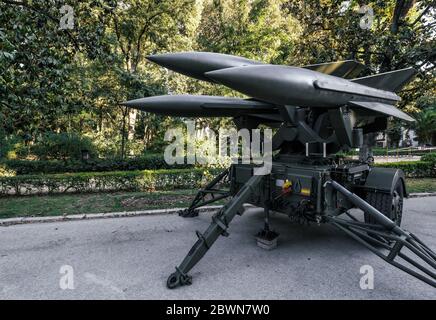 Hawk Missile Transporter Launcher. Anzeige von Militärfahrzeugen. Tag Der Spanischen Streitkräfte. Stockfoto