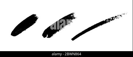 Verschmierter schwarzer Strich für die Dekoration. Hand-Zeichnungslinien verschmieren. Proben mit Pinselstriche. Strukturierte Mallinie auf weißem Hintergrund isoliert. Stockfoto