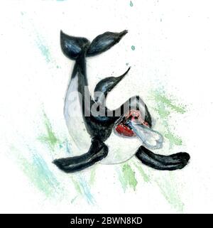 Plastikmüll und Orca im Ozean handgezeichnete Illustration. Stockfoto
