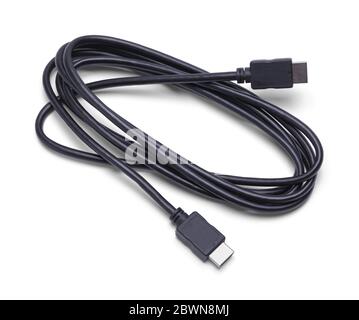 Neues schwarzes HDMI-Kabel isoliert auf weißem Hintergrund. Stockfoto