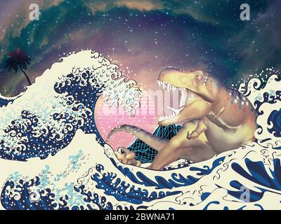Ocean Waves, Palmen, neon Mountain und Surfen 3d Tyrannosaurus rex Retro Stil Abbildung. Stockfoto
